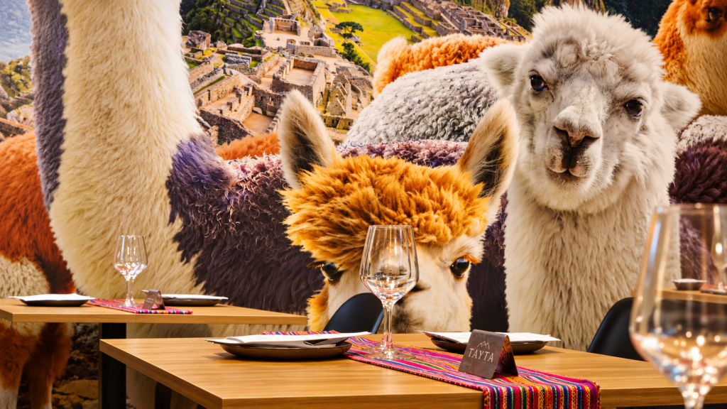 Sala de TAYTA Restaurante Peruano en San Sebastián, con mural inspirado en Perú